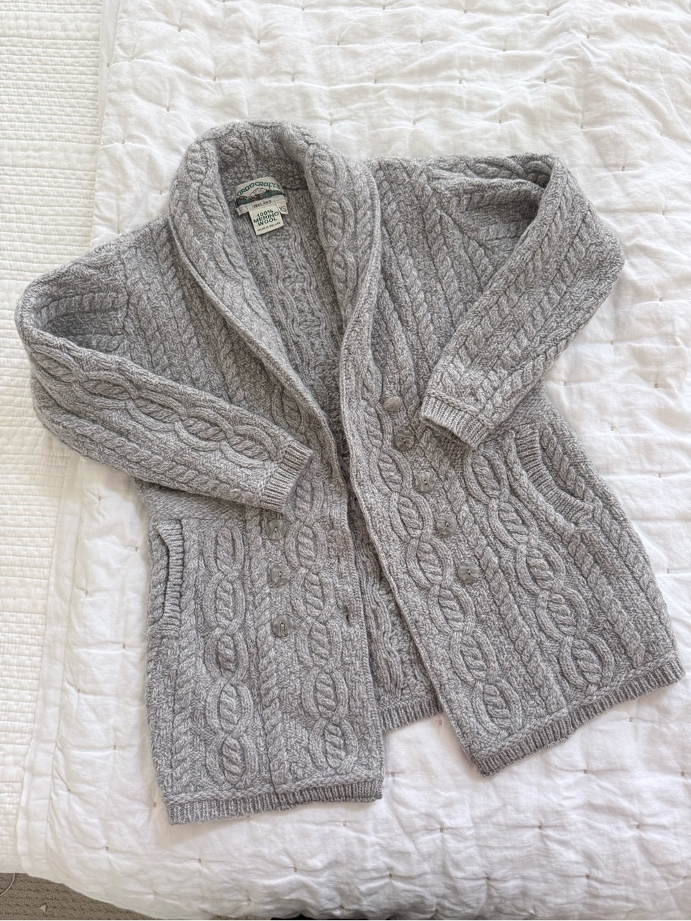 Aran Crafts 100% Merino Wool Chunky Shawl Collar Button Up Cardigan | XS | EUC